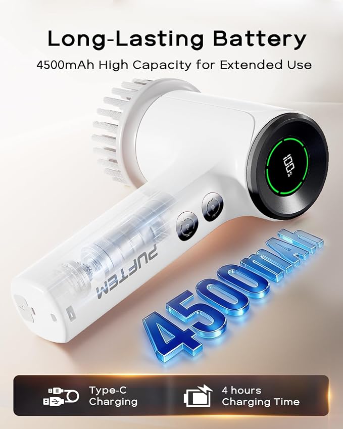 PUFTEM Shower Scrubber, Electric Spin Scrubber for Bathroom Cleaning – Cordless Shower Cleaner Brush with 6 Brush Heads, Dual-Direction Rotation, for Grout, Tile, Tub, Sink & Corners, White
