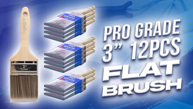 Pro Grade Paint Brushes 3 Inch Flat Paint Brush Set for Walls Trim Cabinets Doors Professional Painter Contractor Interior Exterior 12 Pack