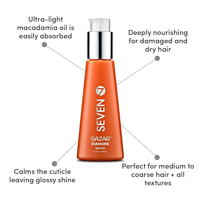 SEVEN Gazar Diamond Hair Serum for Frizzy and Damaged Hair Care, Anti Frizz, Smoothing, Shine Booster with Coconut & Macadamia Oil, Adds Heat Protection, Made in USA, 3.2oz