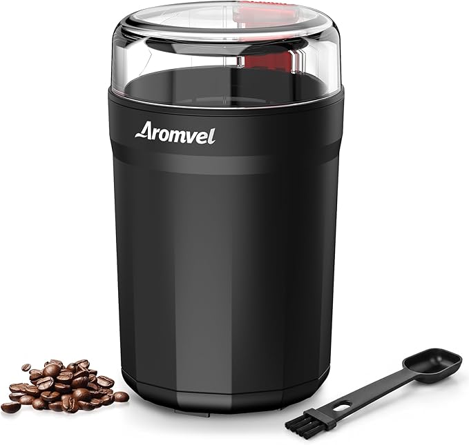 Electric Coffee Grinder, One Touch Coffee Mill with Stainless Steel Blades, Adjustable Coarse to Fine for Coffee Beans, Spice & Dry Grinding, 2-in-1 Cleaning Brush & Scoop, Safety Lid