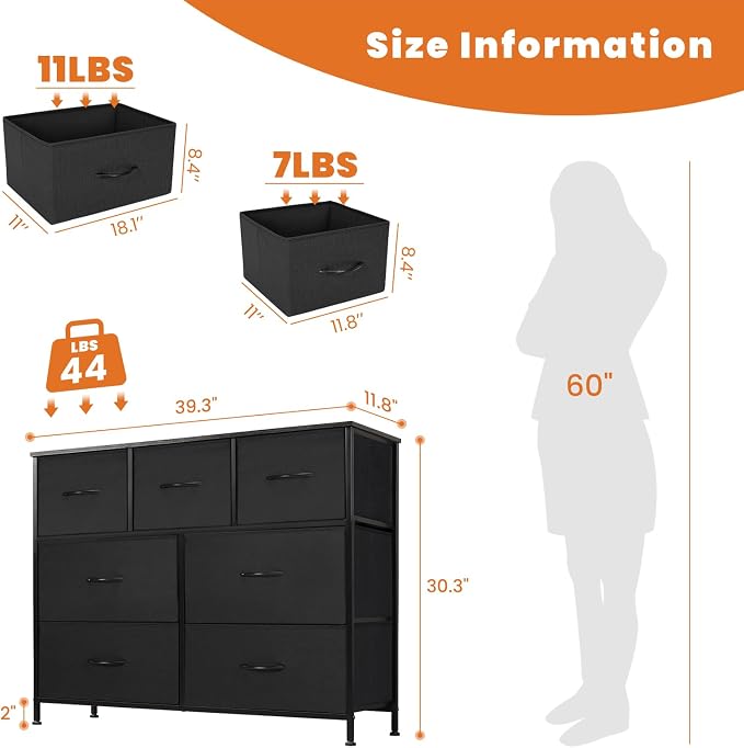 Sweetcrispy 7 Drawer Dresser Storage Organizer with Fabric Bins, Black | Sturdy Steel Frame and Wood Top, Easy Pull Handles, for Bedroom Closet Hallway Entryway