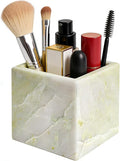 Natural Marble Makeup Brush Holder for Vanity, Toothbrush Holder for Bathroom, Luxurious Countertop Organizer, Green Bathroom Accessories Square