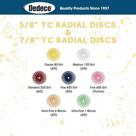 Dedeco Sunburst Radial Bristle Discs 48-Pack - 5/8" Curved - Yellow 80 Grit (Coarse) - Aluminum Oxide for Polishing & Finishing