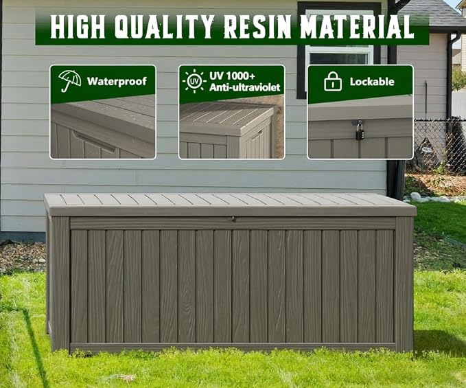 151 Gal Deck Box, Outdoor Storage Box Waterproof Lockable, Gas Lift,Grey | Large sturdy grey resin deck box, double wall panels, waterproof backyard storage for package delivery, garden hoses tools