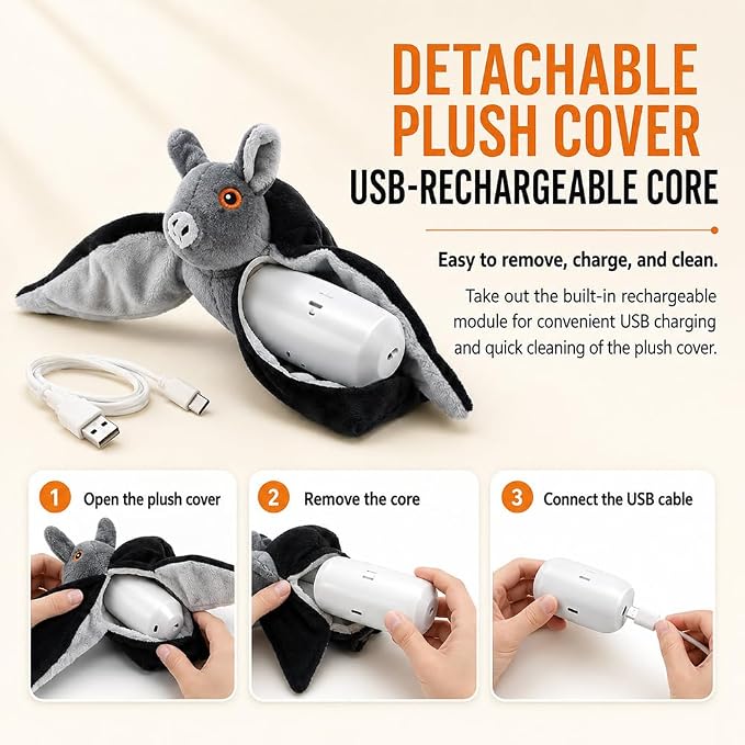 Flying Bat Toy for Dogs & Cats Realistic Bat Flight Flapping Wings Interactive Pet Toy with Chirping Mimics Real Flying Motion Detachable USB Rechargeable Hanging and Ground Play，2sets
