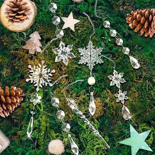 Crystal Christmas Tree Ornaments, Clear Acrylic Snowflake & Icicle, 48pcs