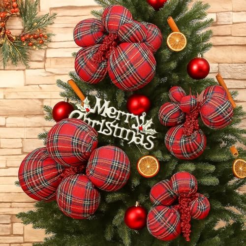 4 Set Large Tartan Plaid Christmas Ball Clusters Fabric Ball Ornament