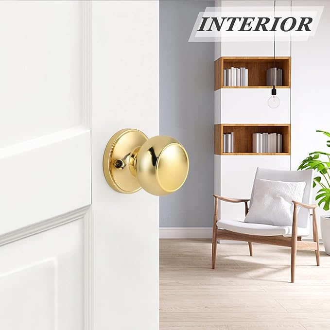 Probrico Passage Door Knobs Polished Brass Interior Hall/Closet Door Handles Keyless Locksets, 3 Pack