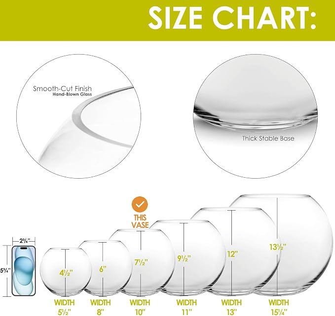 CYS EXCEL Glass Bubble Bowl (H-7.5" W-10, Approx. 1.6 Gal.) Multiple Size Choices Fish Bowl Vase Glass Round Bowl Terrarium Globe Flower Vase Centerpiece