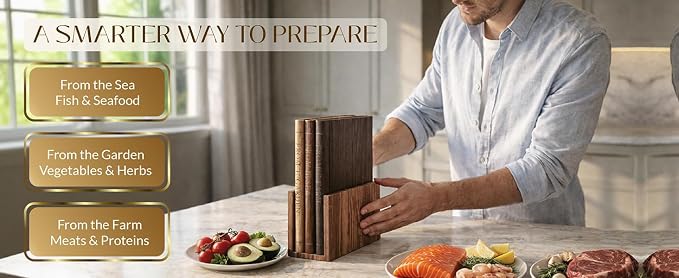 Stella Gene - The Cutting Board Kitchen Trilogy, Decorative 100% Acacia Cutting Board Set, Book-Inspired Wooden Cutting Boards with Stand, 3-Piece Cutting Board Library Style Set, Meat & Cheese Board