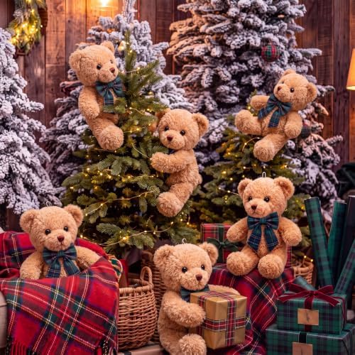 Chalyna 6 Pack Christmas Teddy Bear Decor with Velvet Tartan Bow, Green