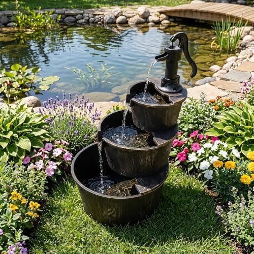Giantex 3-Tier Barrel Waterfall Fountain with Electric Pump, 37''
