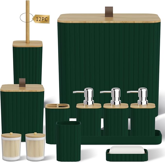 Bathroom Accessory Set - Green Bathroom Set, 12PC Bathroom Accessories Set, Green Bathroom Accessories Set, Mini Trash Can, Toilet Brush, Trash Can & Soap Dispenser