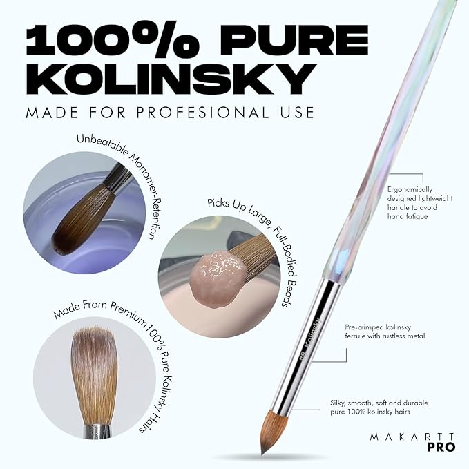 MakarttPro Kolinsky Acrylic Nail Brush #16 – 100% Pure Kolinsky Hair for Acrylic Powder & EMA Monomer, Professional Nail Brush with Superior Liquid Retention, Anti-Clogging, for Nail Techs
