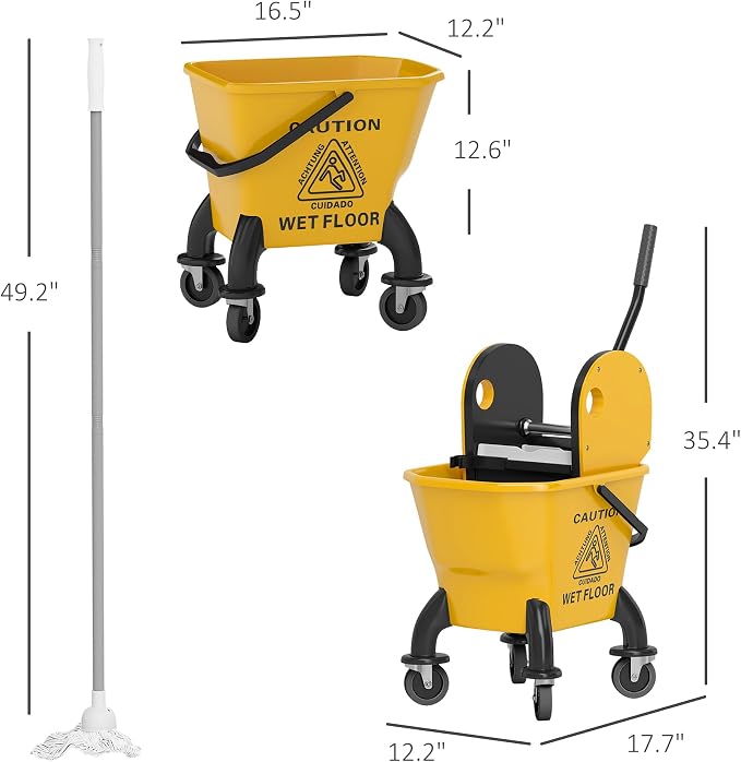 HOMCOM Mop Bucket with Wringer on Wheels, 27.5 Quart, with Mop, Yellow | Down Press Wringer, Handle and Mop, Floor Cleaning