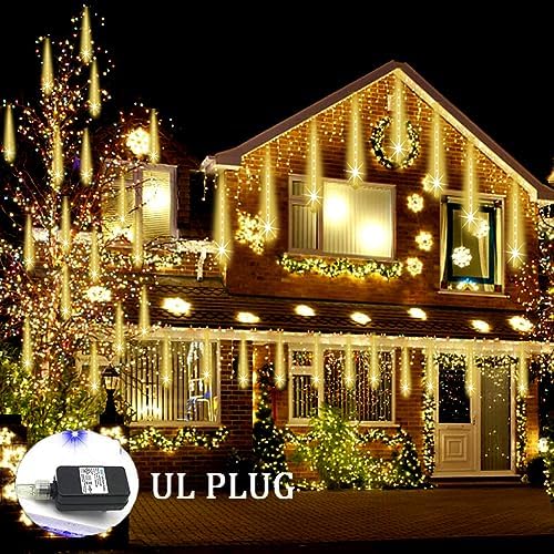Weepong Christmas Lights Outdoor Falling Rain Meteor Shower Lights 12 inch 8 Tube 192 LED Snowfall Icicle Cascading String Light for Xmas Tree Christmas Decorations Holiday Garden, UL Plug,Warm White