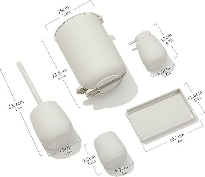 GAHEFY Small Beige White Bathroom Accessories Set with Mini Trash Can 3 Liter/0.8 Gallon,Toothbrush Holder,Soap Dispenser,Vanity Tray,Toilet Brush and Holder (Beige White 5pcs)