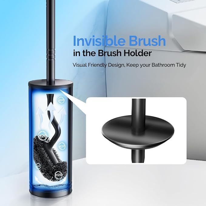HAMITOR Toilet Brush and Holder Set: Stainless Steel Heavy Duty Bowl Cleaner Brush - Deep Cleaning Under Rim Curved Bristle - Space Saving Wall-Mounted for Home RV Bathroom Accessories Black 2 Pack