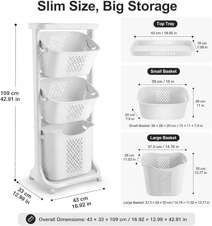 3 Tier Laundry Basket, Stackable Rolling Laundry Sorte Multi-functional Clothes Washing Storage Hamper Bin with Wheels for Bathroom, Household Kitchen (White)