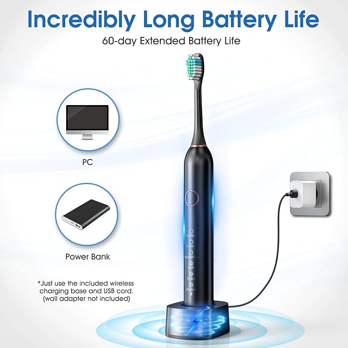 Electric Toothbrush, Sonic Type for Adults & Teens, 8 Brush Heads, Travel Case, 6 Modes, 40000 VPM Electric Motor, IPX7 Waterproof, 2 Minutes Timer, Wireless Charging, One Charge for 100 Days-Black