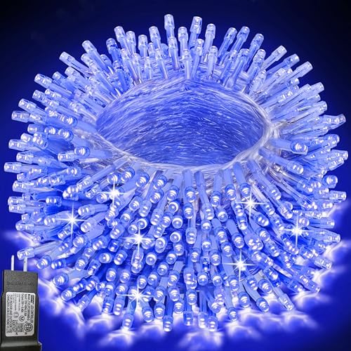 Pooqla 200 LED String Lights Indoor Outdoor, 66 ft Blue Christmas Lights Plug in with Timer, Connectable 8 Modes Waterproof Clear Wire Twinkle Fairy Lights for Halloween Xmas Tree Yard Decor