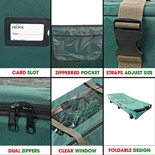 ProPik Rolling Christmas Tree Storage Bag, Fits Up to 9 Foot Tall Disassembled Trees, 25" X 25" X 60", Extra Large Heavy Duty Xmas Container with Wheels, Handles and Straps (Green)