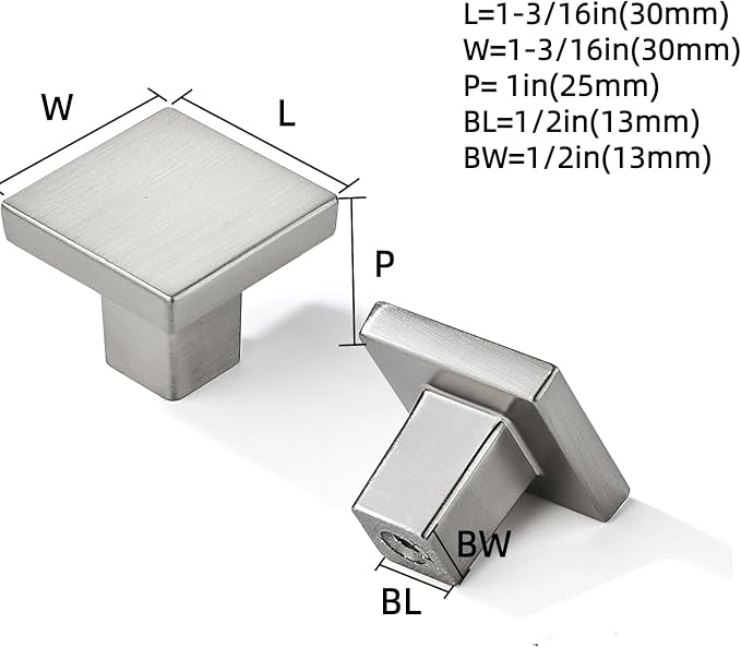 khtumeware 2 Pack Brushed Nickel Cabinet Knobs 1-1/4 inch(32mm) Solid Heavy Duty Square Bi-Fold Door Knob for Kitchen Bathroom and Dressing Table