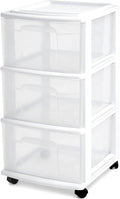 HOMZ Drawer Tower, 3-Tier Rolling Storage Cart with Removable Wheels, White Frame – Plastic Organizer with Clear Bin Drawers for Bedroom, Bathroom, Home Office, and Dorm Room