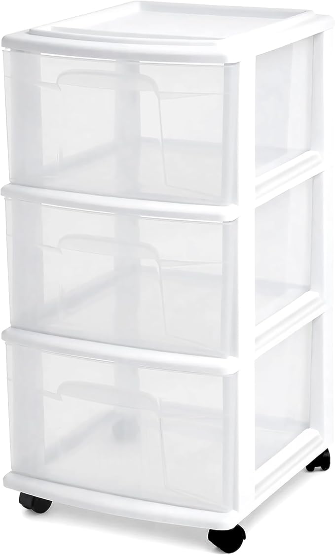 HOMZ Drawer Tower, 3-Tier Rolling Storage Cart with Removable Wheels, White Frame – Plastic Organizer with Clear Bin Drawers for Bedroom, Bathroom, Home Office, and Dorm Room
