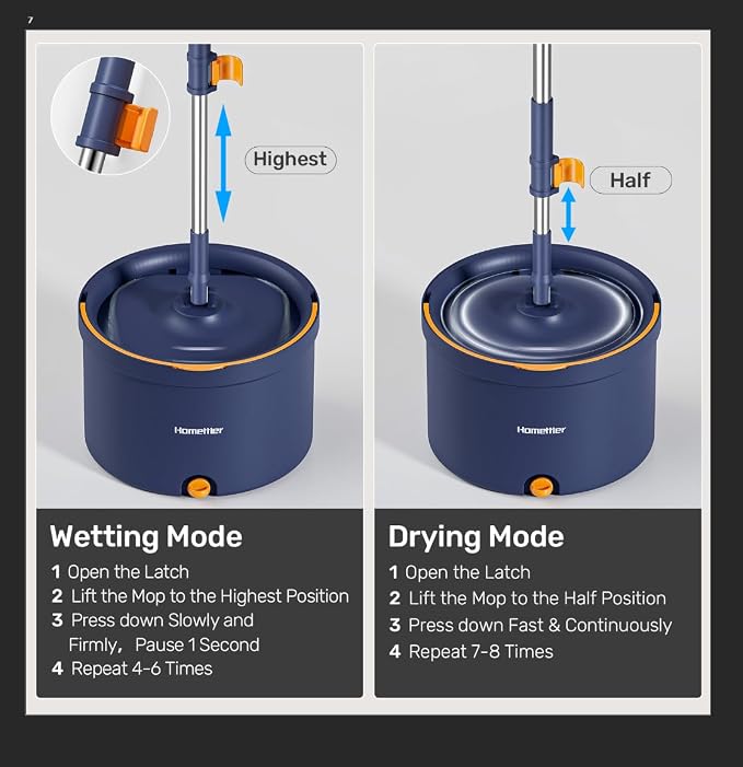 HoMettler Spin Mop and Bucket Set, Mop Bucket with Separate Dirty Water System, Deep-Cleaning Mops for Floors/Wall, Versatile Mops with 4 Microfiber Mop Pads