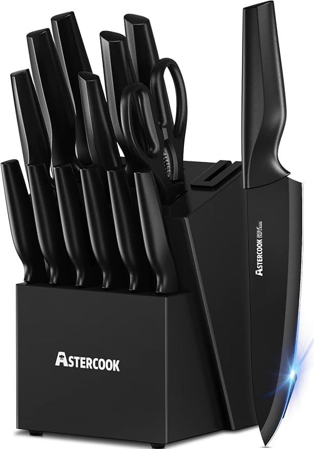 Astercook 15 Pieces Kitchen Knife Block Set with Sharpener, Black | Built-in Sharpener Block, Dishwasher Safe, German Stainless Steel, Ergonomic Handle, Kitchen Weddings Birthdays Gift