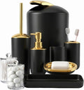 9 Pieces Black Bathroom Accessories Set, Gorgeous Gold Bathroom Set, Trash Can, Toilet Brush, Soap Dispenser and Toothbrush Holder, Soap Dish, Tumber, Qtip Holder, Tray, Sink Countertop Set Decor