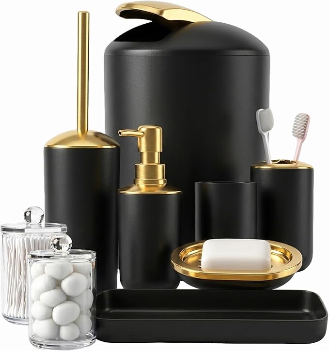 9 Pieces Black Bathroom Accessories Set, Gorgeous Gold Bathroom Set, Trash Can, Toilet Brush, Soap Dispenser and Toothbrush Holder, Soap Dish, Tumber, Qtip Holder, Tray, Sink Countertop Set Decor