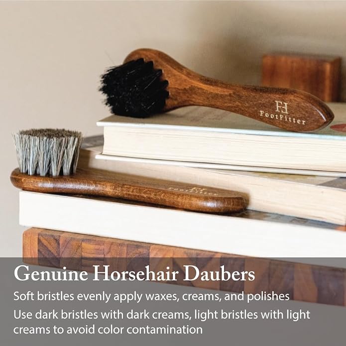 FootFitter Premium Shoe Care Brush Set, Horsehair Shine Brushes & Tools for Polishing Leather & Suede Shoes (Made in Germany)