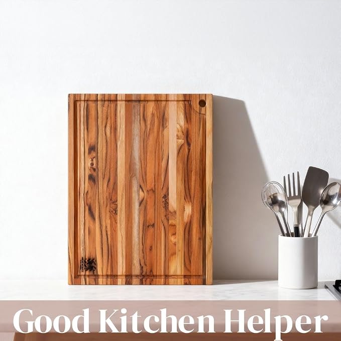 Set of 2 Premium Teak Wood Cutting Board, 18" x 14" x 0.6" Thin Solid Hardwood for Meat, Fruit, Bread & Cheese Prep w/Deep Juice Groove, Non-Toxic, BPA/Plastic Free by New M Way