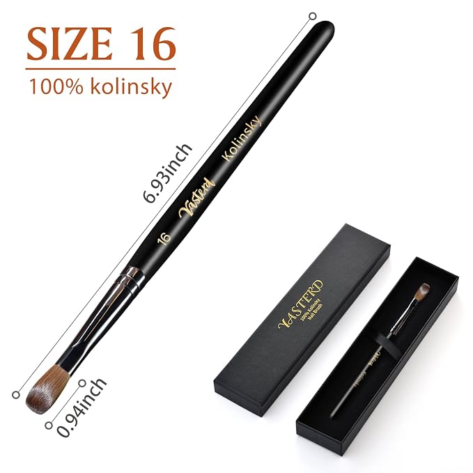 Yasterd Acrylic Nail Brushes - Kolinsky Size 16 Oval Crimped Shaped Brush for Acrylic Application, Black Wood Handle Professional Nail Art Powder Brush Manicure Tool