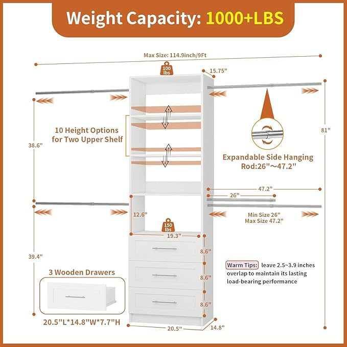 Fastgo Closet System with Drawers, 5-9FT Closet Organizer System with 4 Expandable Rods & Adjustable Shelves for Walk in Closet, 96” Built in Closet System Tower, Small Closet Storage System, White