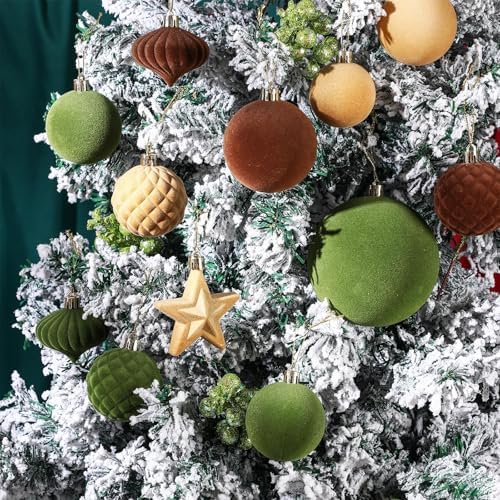 Hollowfly 95 PCS Velvet Christmas Tree Decor Set, Green, Brown, Khaki