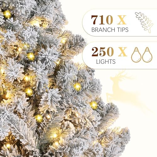 Garvee 6FT Snow Flocked Pre-Lit Christmas Tree with 250 Warm White Lights