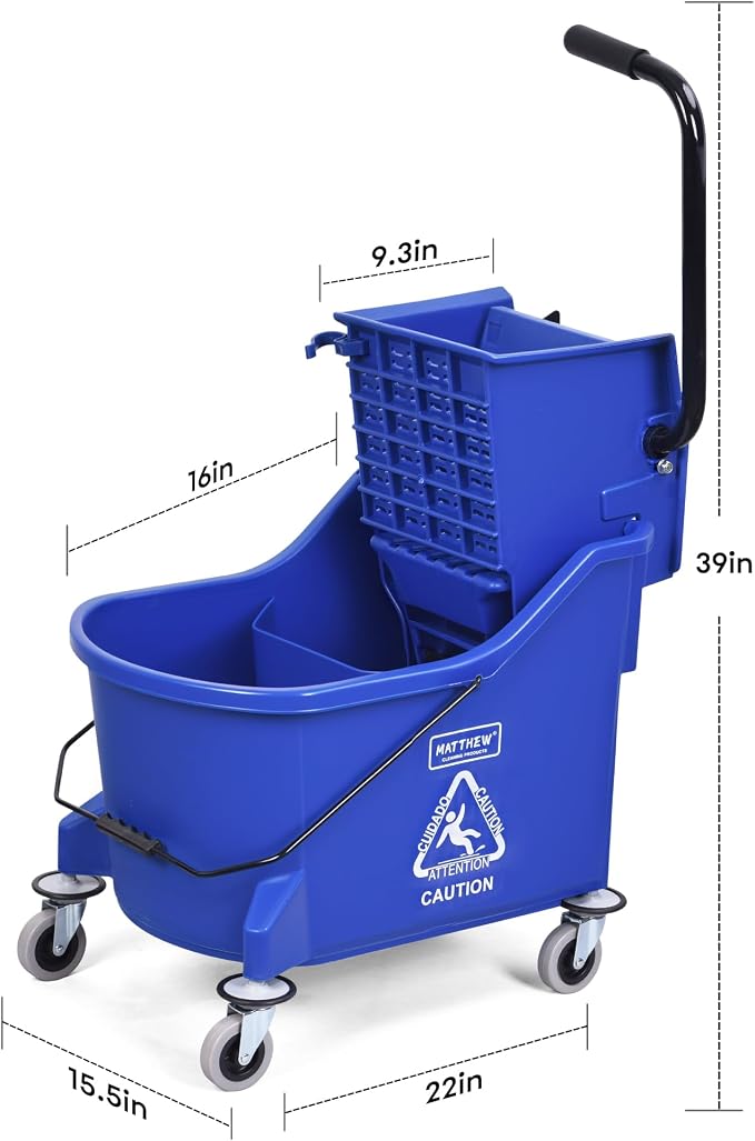 Matthew Cleaning Blue 44Quart Commercial Mop Bucket INCL.Wet String Mop& 19'' Industrial Wet Floor Sign with Side Press Wringer On Wheels,Tandem Portable Floor Cleaning Wavebrake,Ideal for Household