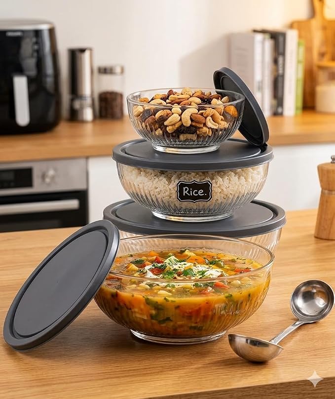 BOHEM'S 3 Pack Glass Bowls with Lids, Space-Saving Stackable Heavy Glass Food Storage Containers set with Lids, Meal Prep Containers With BPA-Free airtight Lids (4-6-11 cup) (30–50–88 oz)