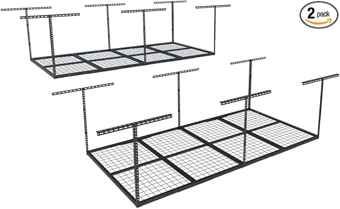 FLEXIMOUNTS 4x8 Overhead Garage Ceiling Storage Rack, 2 Pack, Black | 750lbs Weight Capacity, 22"-40" Adjustable Organization System, Heavy-Duty Metal Ceiling Racks, Classic Series