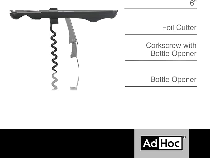 AdHoc PushPull Corkscrew Wine Opener - Multi-Purpose Stainless Steel Bottle Opener - Wine Opener with Foil Cutter & Coated Spiral Corkscrew - Integrated Bottle Cap Opener - Wipe Clean Only