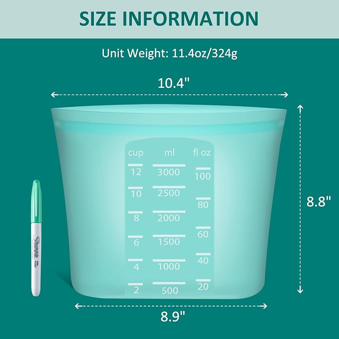 Extra Large Reusable Silicone Food Storage Bags 4 Pack, 0.8 Gallon/3000ml, 100% Silicone Stand-Up Wide-Open Zip-Lock Reusable Bags for Large Items, Microwave Freezer Oven Dishwasher Safe, Aqua