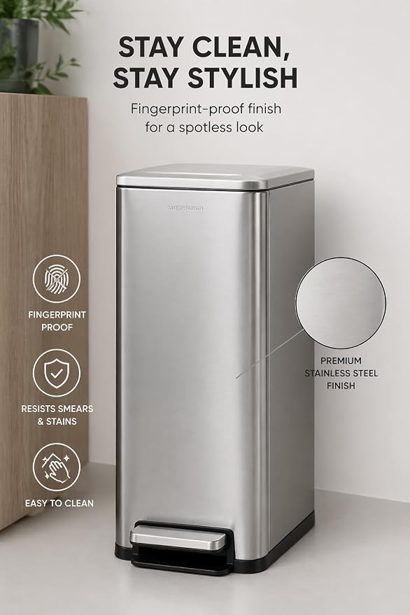 Step N’ Sort Slim Dual Recycling Bin 43L (2 x 21.5L) – Soft Close Kitchen Trash Can – Space Saving Stainless Steel – Removable Buckets