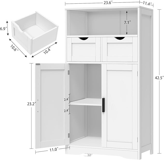 Iwell Bathroom Cabinet with Doors and Drawers, Freestanding Bathroom Storage Cabinet, Adjustable Shelves, for Living Room, Kitchen, Home Office, White