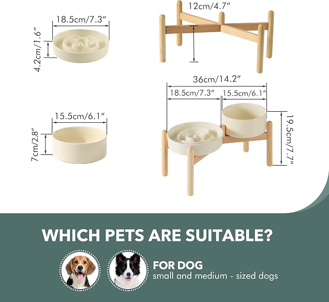 Havniva Elevated Slow Feeder Dog Bowls, Ceramic Dog Bowl Slow Feeder Set | 1.2 Cups Raised Slow Feeder Dog Bowl for Small Breed, 6.1” Dog Water Bowl with Wooden Stand, Puzzle Dog Food Bowl, Non-slip
