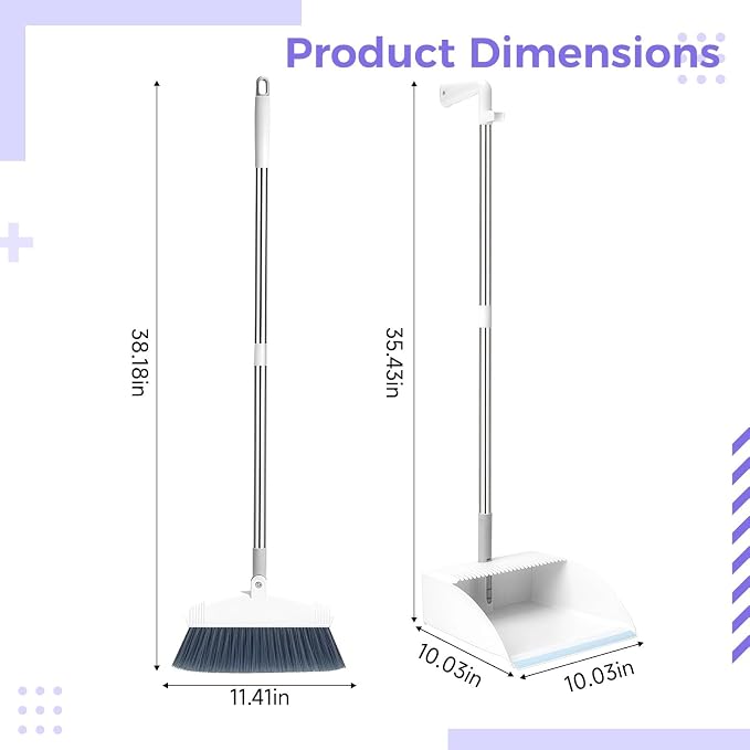 Broom with Long Handle and Foldable Dustpan Set, Standing Home Broom