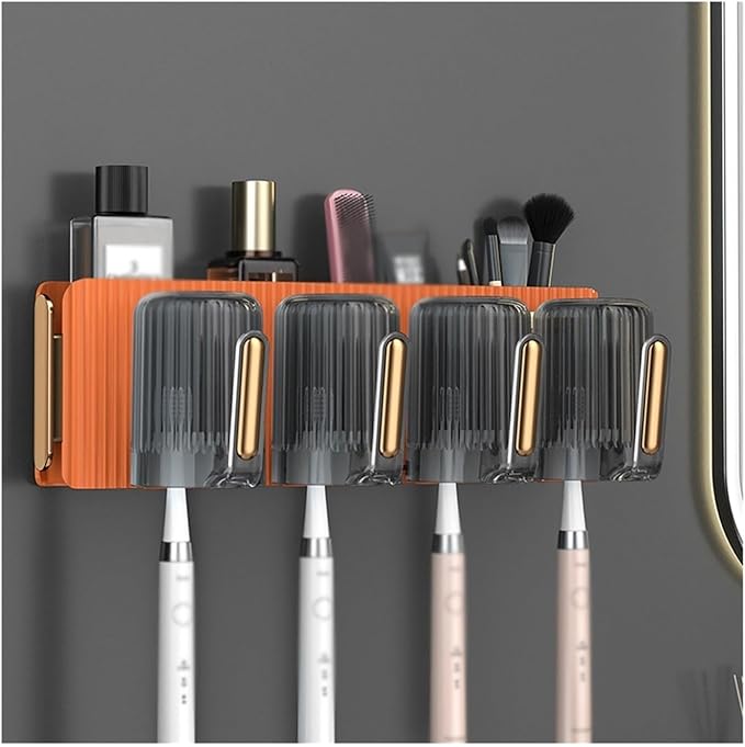 Toothbrush Rack Plastic Wall Mounted Toothbrush Holder Bathroom Green Orange Toothpaste Holder Adhesive Storage Box Bathroom Toothbrush Holder(B), S34cm