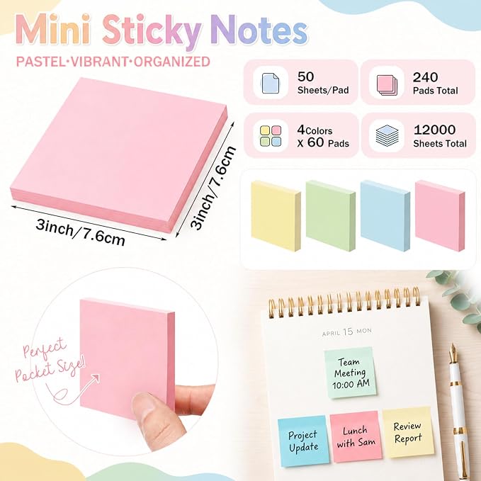 Fainne 240 Pack Sticky Notes Bulk 3 x 3 inch Self Stick Note Pads Multicolor Paper Memo for Office School Supplies Student Teacher Classroom Back to School Essentials, 50 Sheet/Pad (Simple Color)